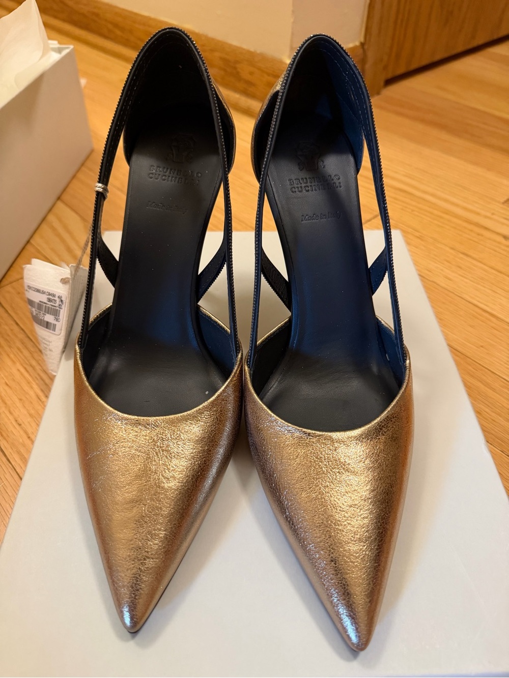Brunello Cucinelli Metallic Gold Pointed-Toe Slingback Heels
